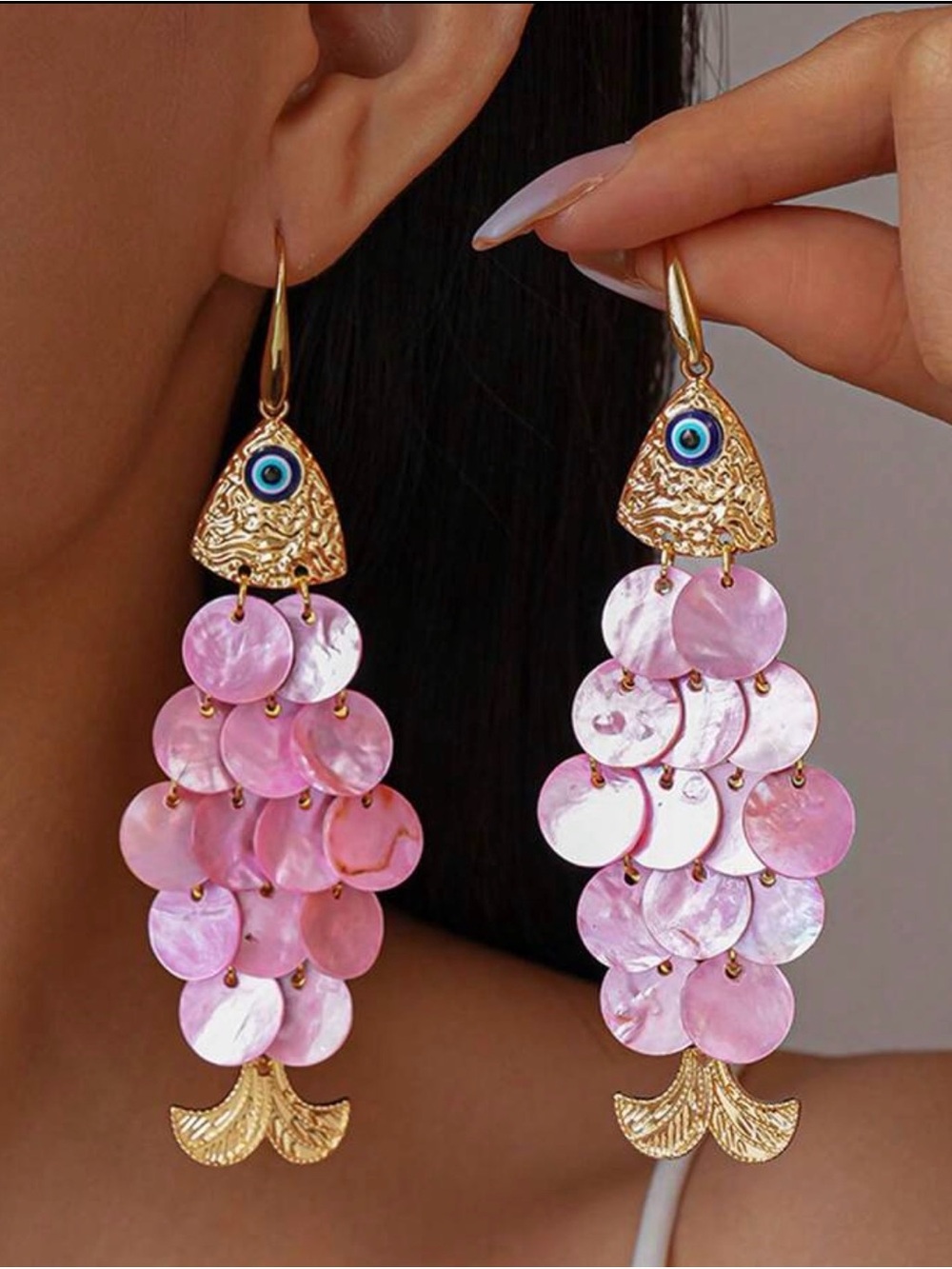 Pink Fish Earrings Evil Eye Statement Coastal Jewelry - Picture 5 of 5
